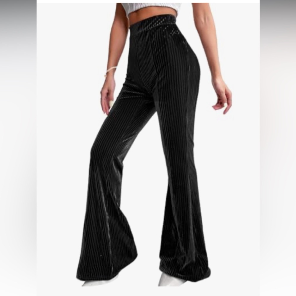 SHEIN EZwearWomen's Velvet Flare Pants High Waisted Long Pants Ribbed Bell